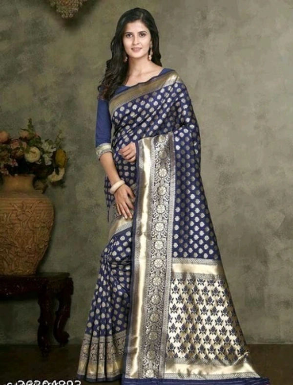 ABHISARIKA  Banarasi Silk Blue Color Golden Border  Saree With  Banarasi Silk Blouse Piece - Free Size, Blue, Banarasi Silk, Pack of1